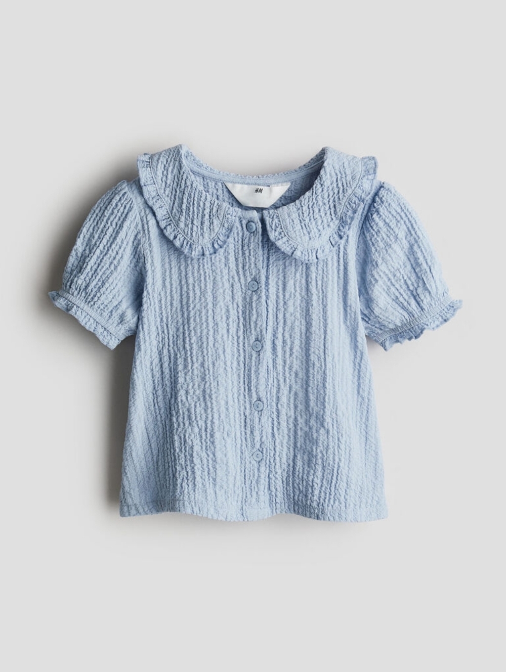 H&M Light Blue Ruffled Collared Button-Up Blouse 3t - Picture 3 of 8